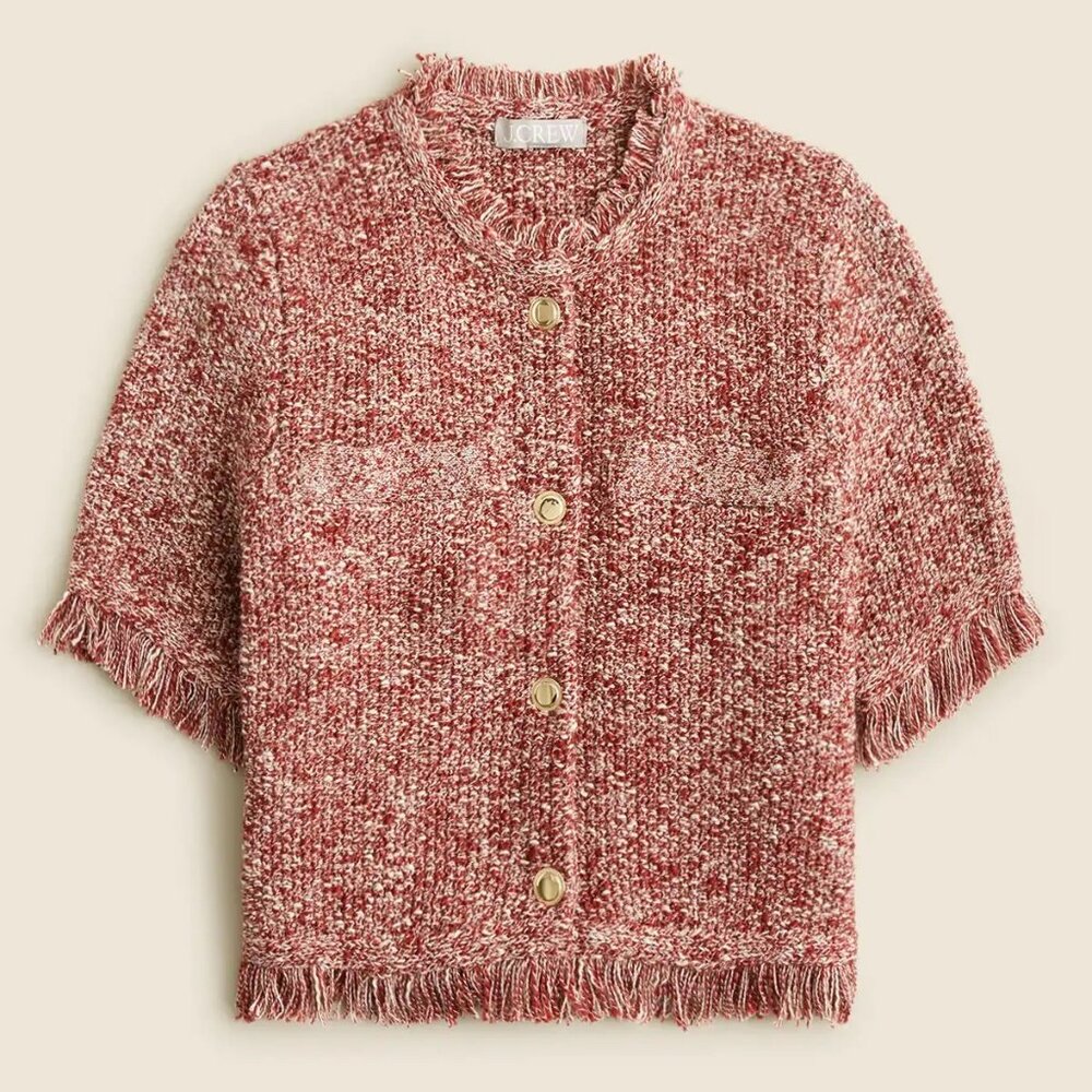 J. Crew Cropped Fringe Tweed Fringe Lady Jacket in Burgundy